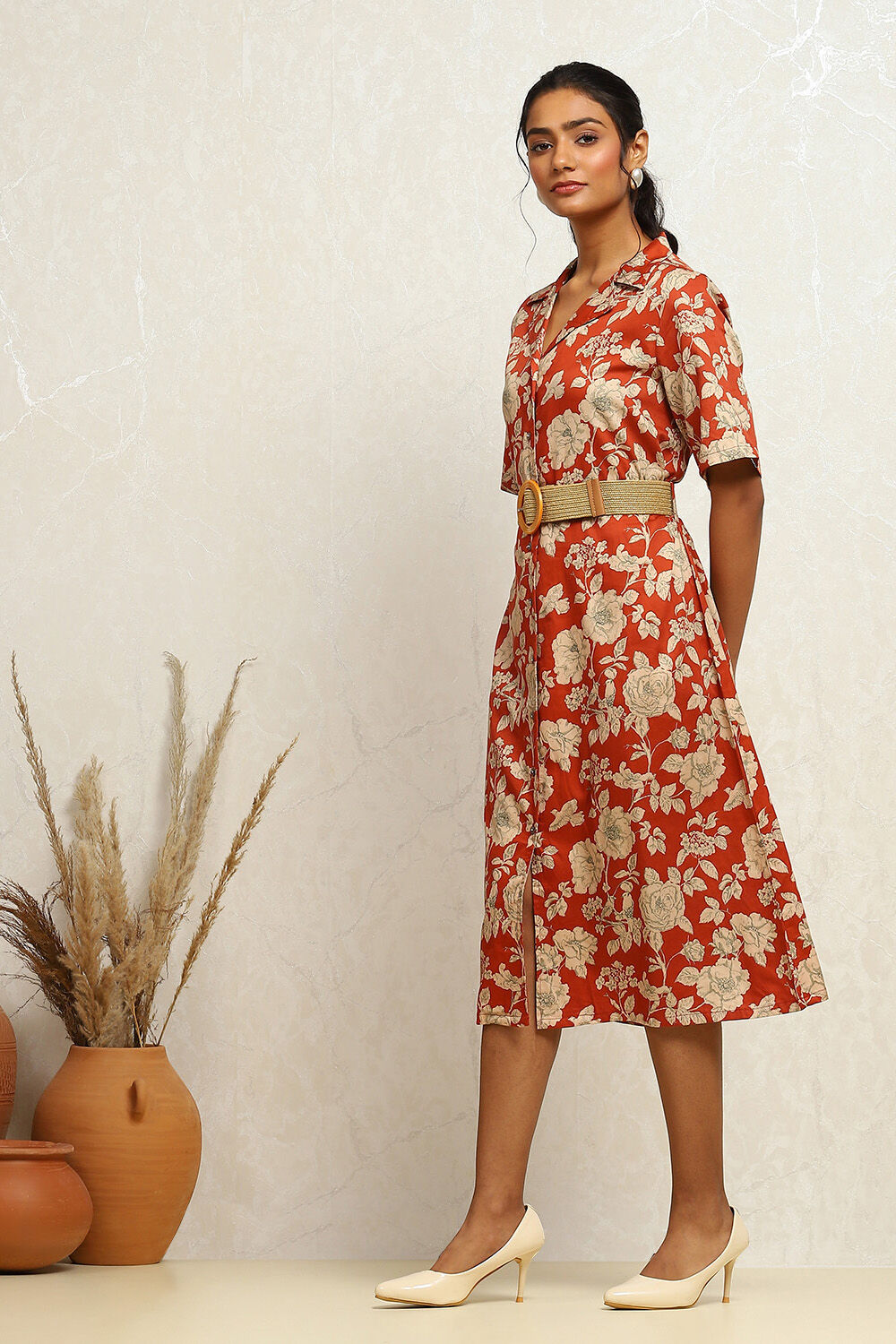 Dark Green Pure Cotton Floral Printed Straight Dress image number 2