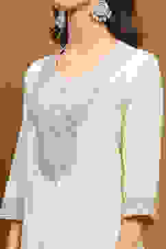 Off-White Silk Embroidered Festive Straight Suit Set image number 1