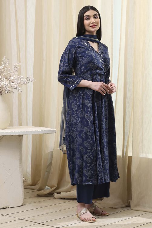 Dark Blue Pure Cotton Angrakha Office Wear Anarkali Suit with Sleek Embroidery work on Neck main image 1