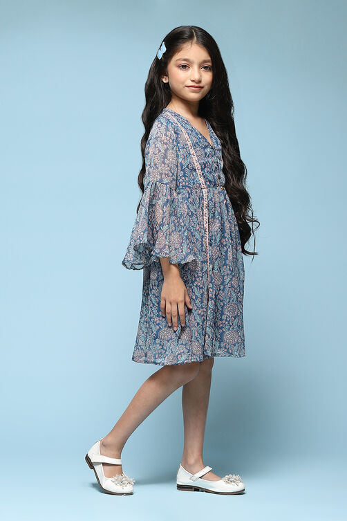 Blue Polyester Gathered Printed Dress image number 3