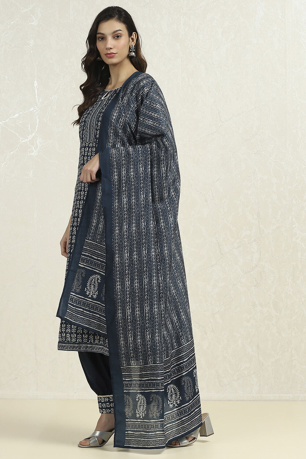 Red Cotton Blend Printed Unstitched Suit Set image number 7