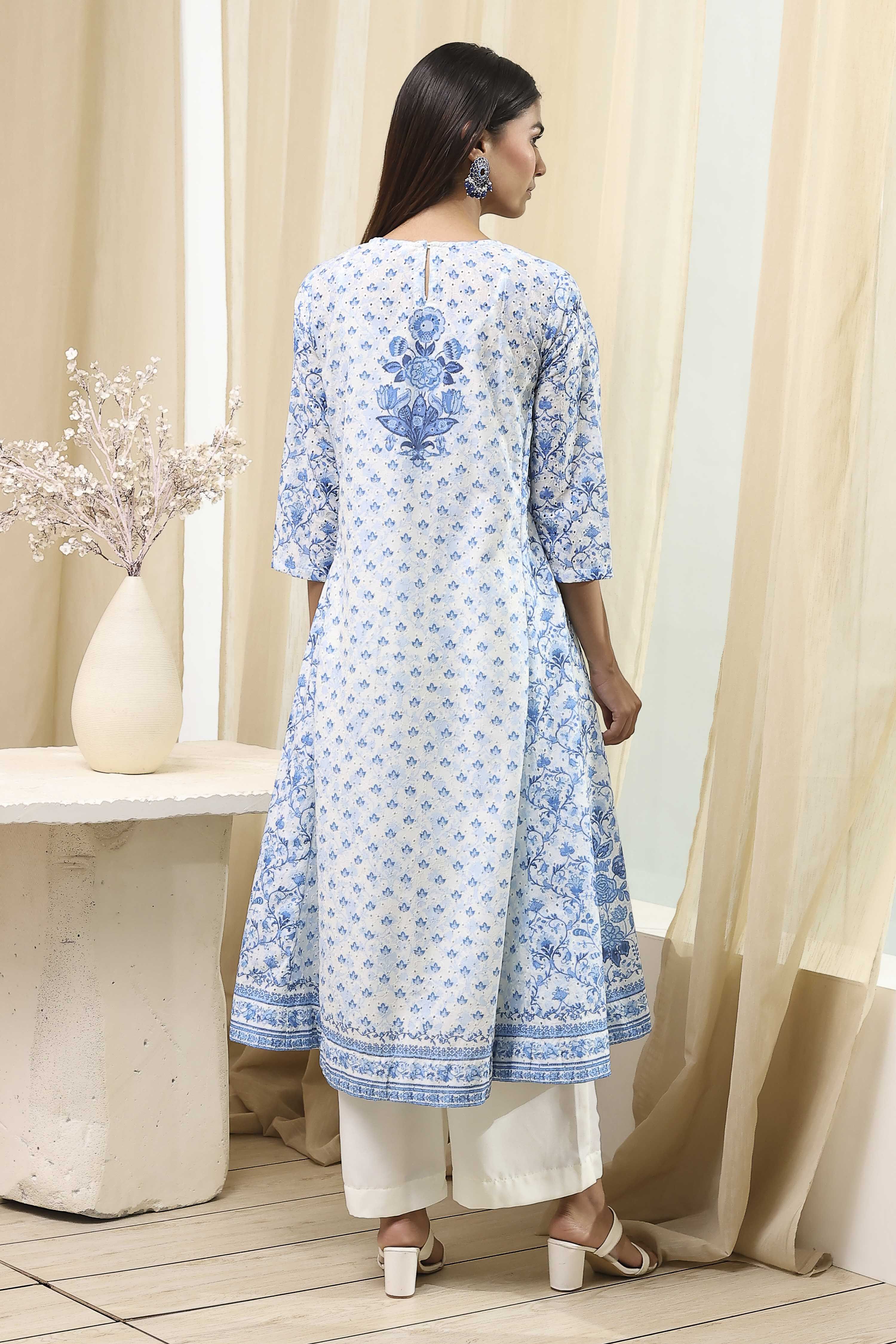 Off-White and Blue Cotton Floral Kalidar Suit Set image number 4