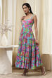 Turquoise Cotton Floral Printed Tiered Dress image number 3