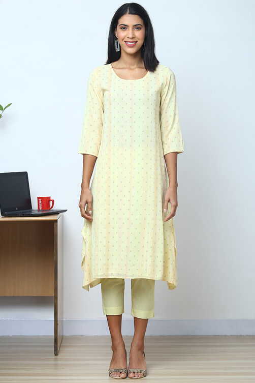 Light Yellow Metallic Cotton Straight Kurta Slim Pant Suit Set image number 6