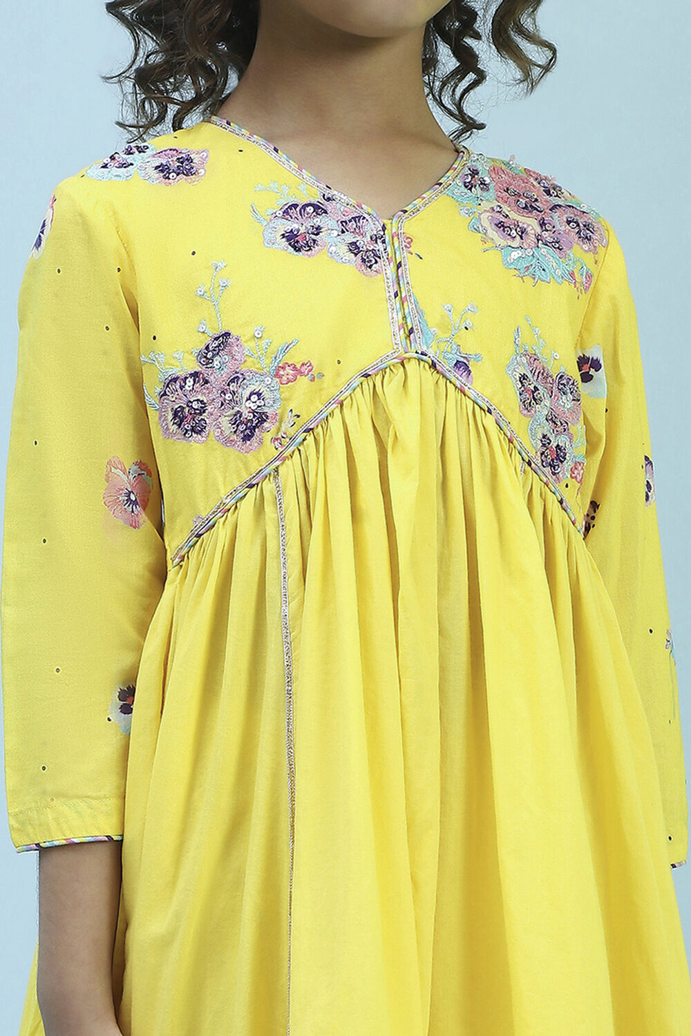 Yellow Cotton Embroidered Gathered Suit Set image number 1
