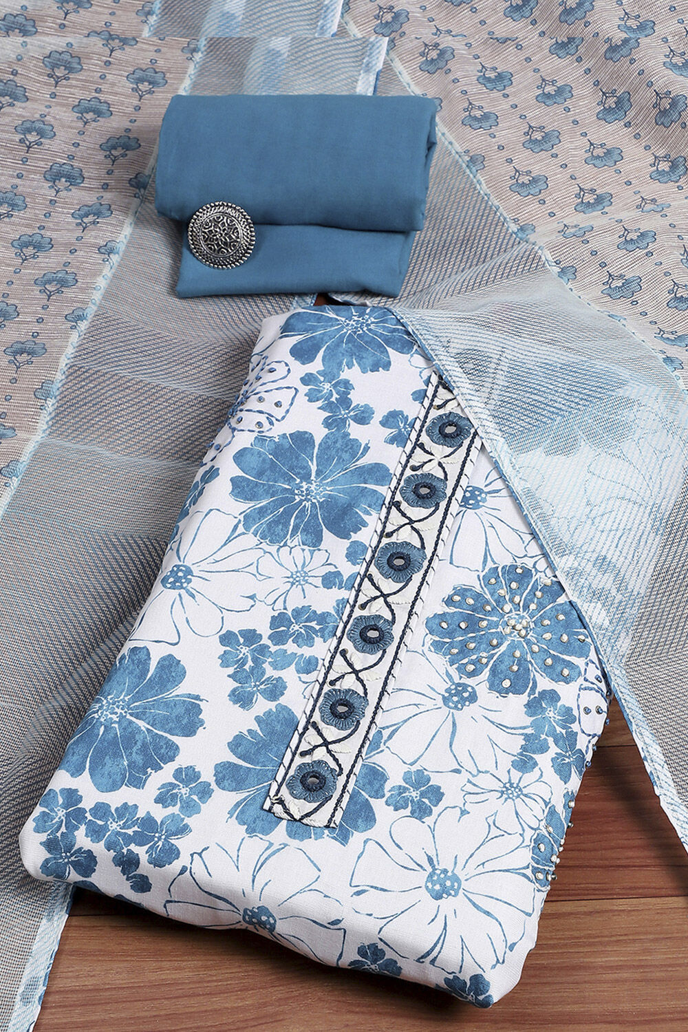 Blue Cotton Unstitched Suit Set image number 0