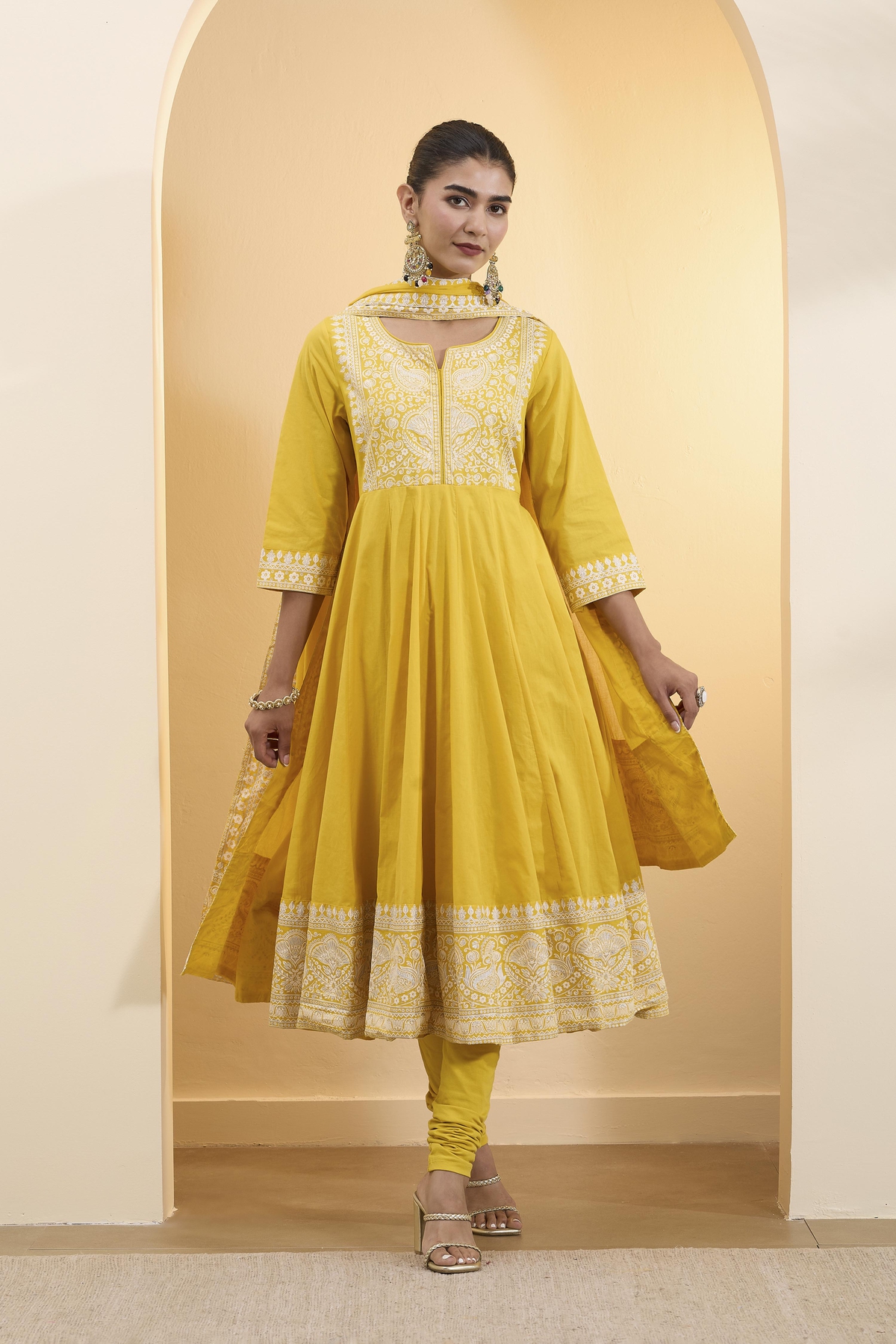 Yellow Cotton Embroidered Anarkali Kurta Set
