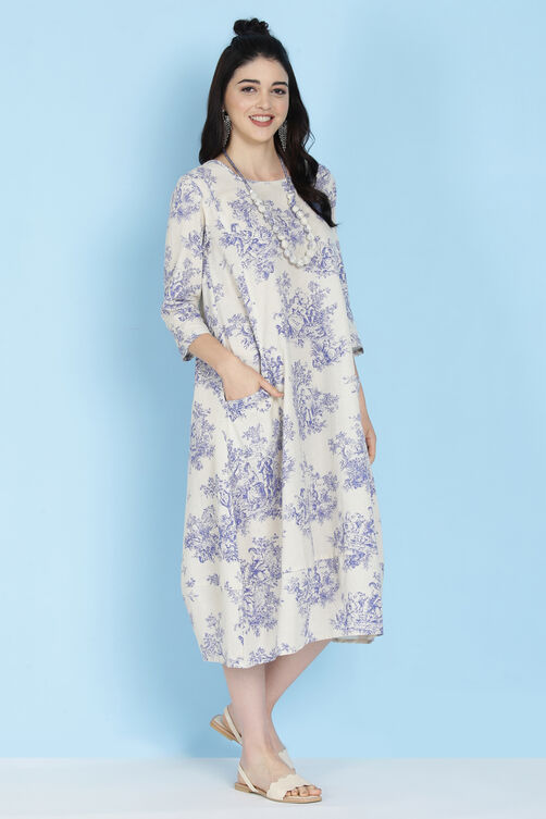 Cream Cotton Flax A-line Printed Kurta Dress image number 2