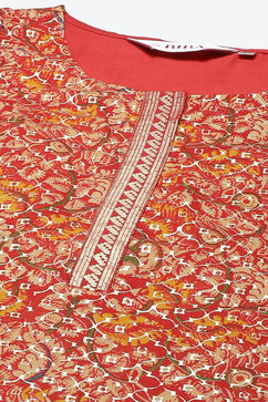 Red Cotton Straight Kurta Slim Pant Suit Set image number 1