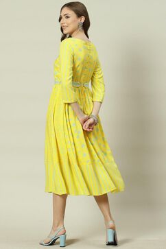 Yellow Cotton Flared Printed Kurta Dress image number 4