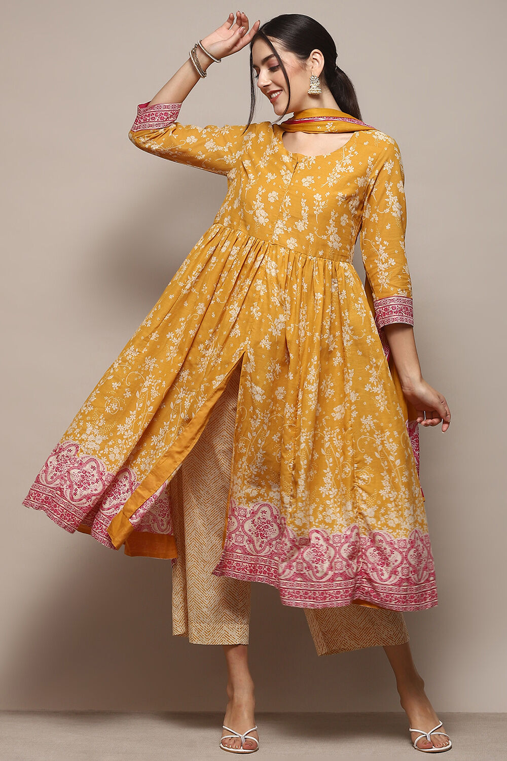 Blue Cotton Anarkali Kurta Palazzo Suit Set image number 7