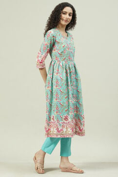 Green & Turquoise Printed Cotton Gathered Suit Set image number 5
