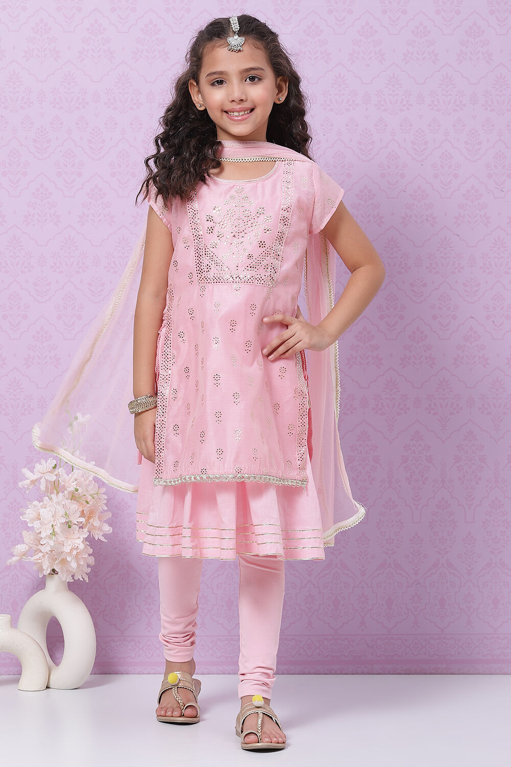 Pink Art Silk Straight Kurta Churidar Suit Set