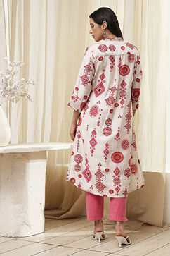 Ecru and Pink Printed Straight Kurta image number 3