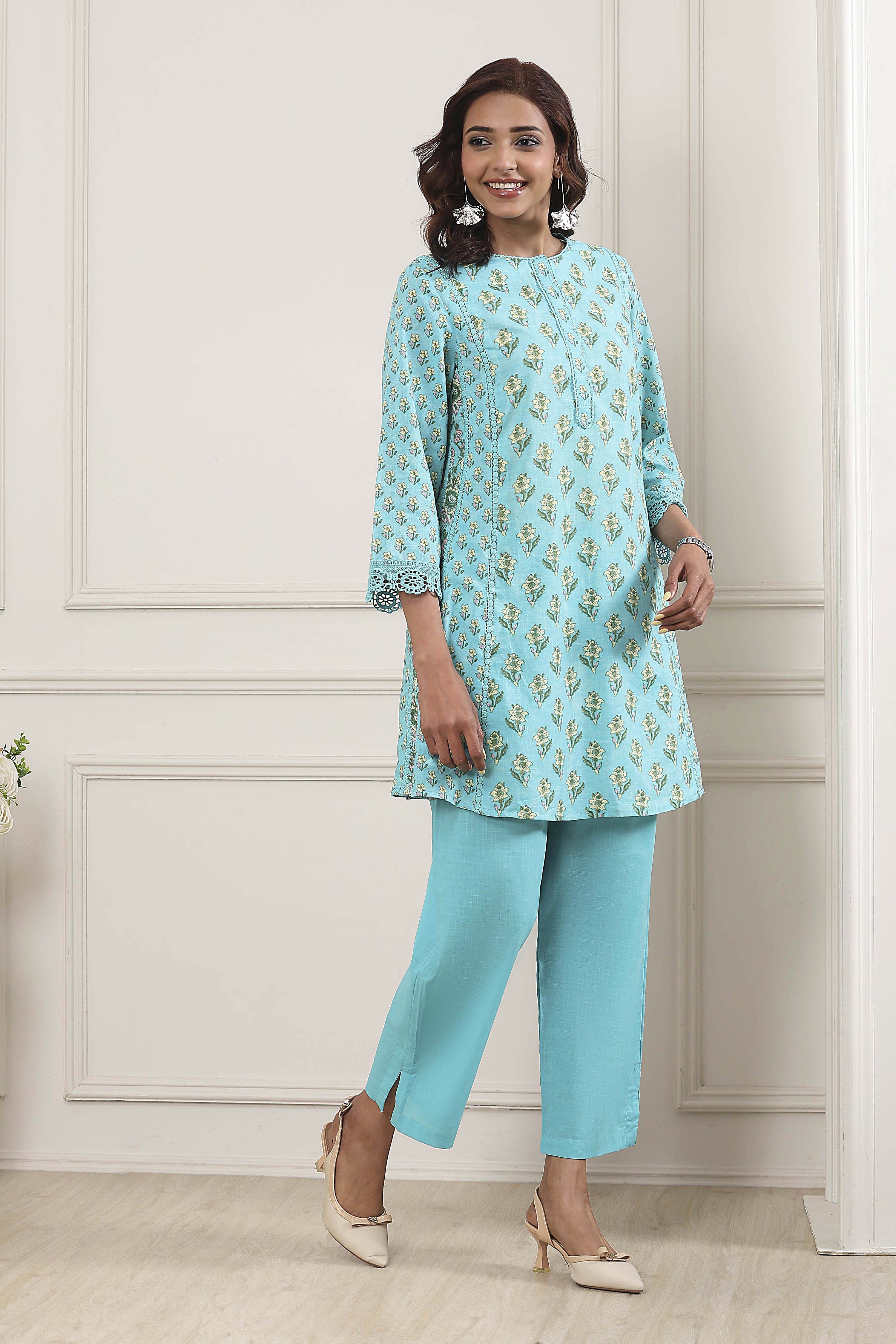 Turquoise Cotton Kalidar Kurta Pants Set image number 5