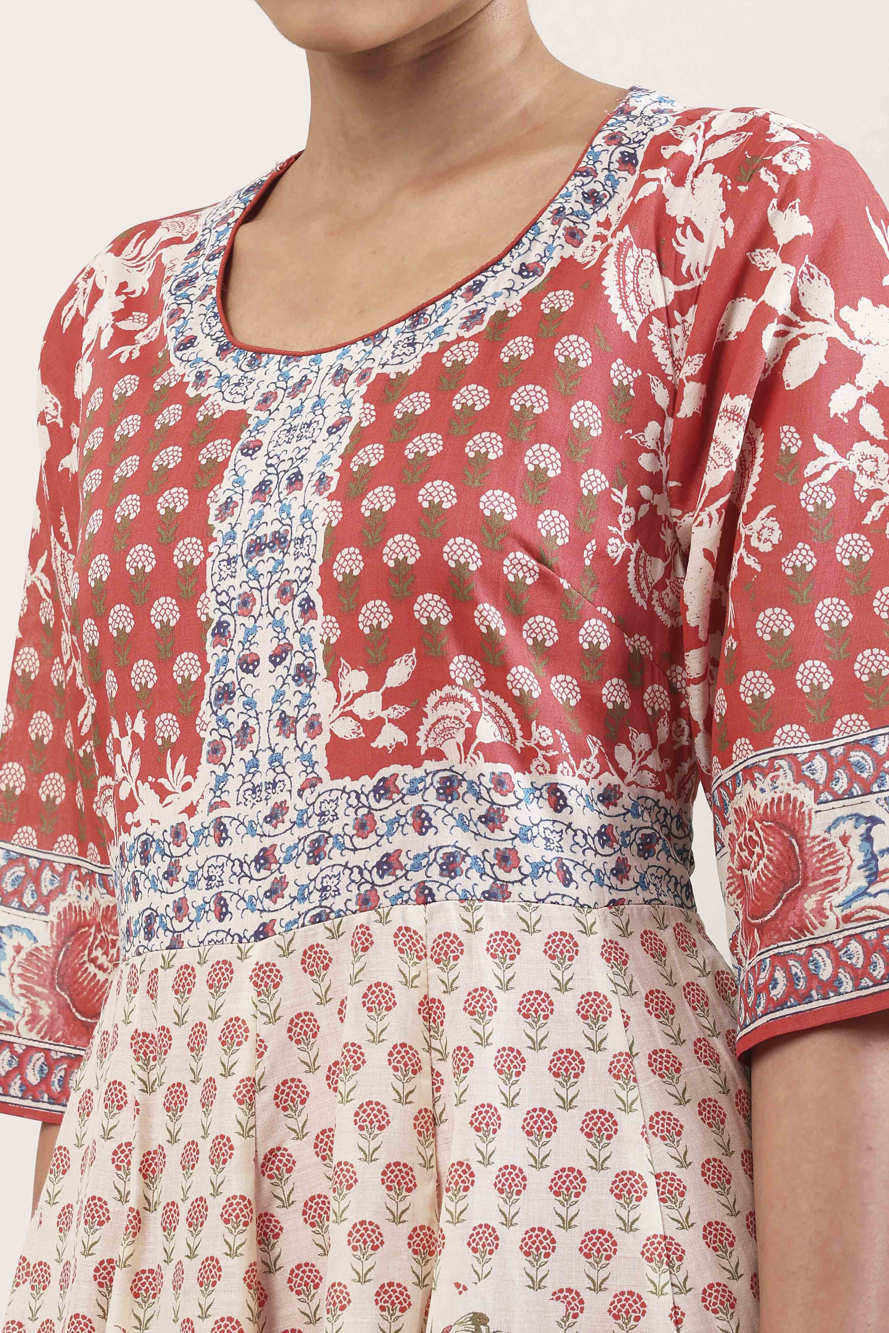 Red and White Cotton Printed Anarkali Suit Set image number 1