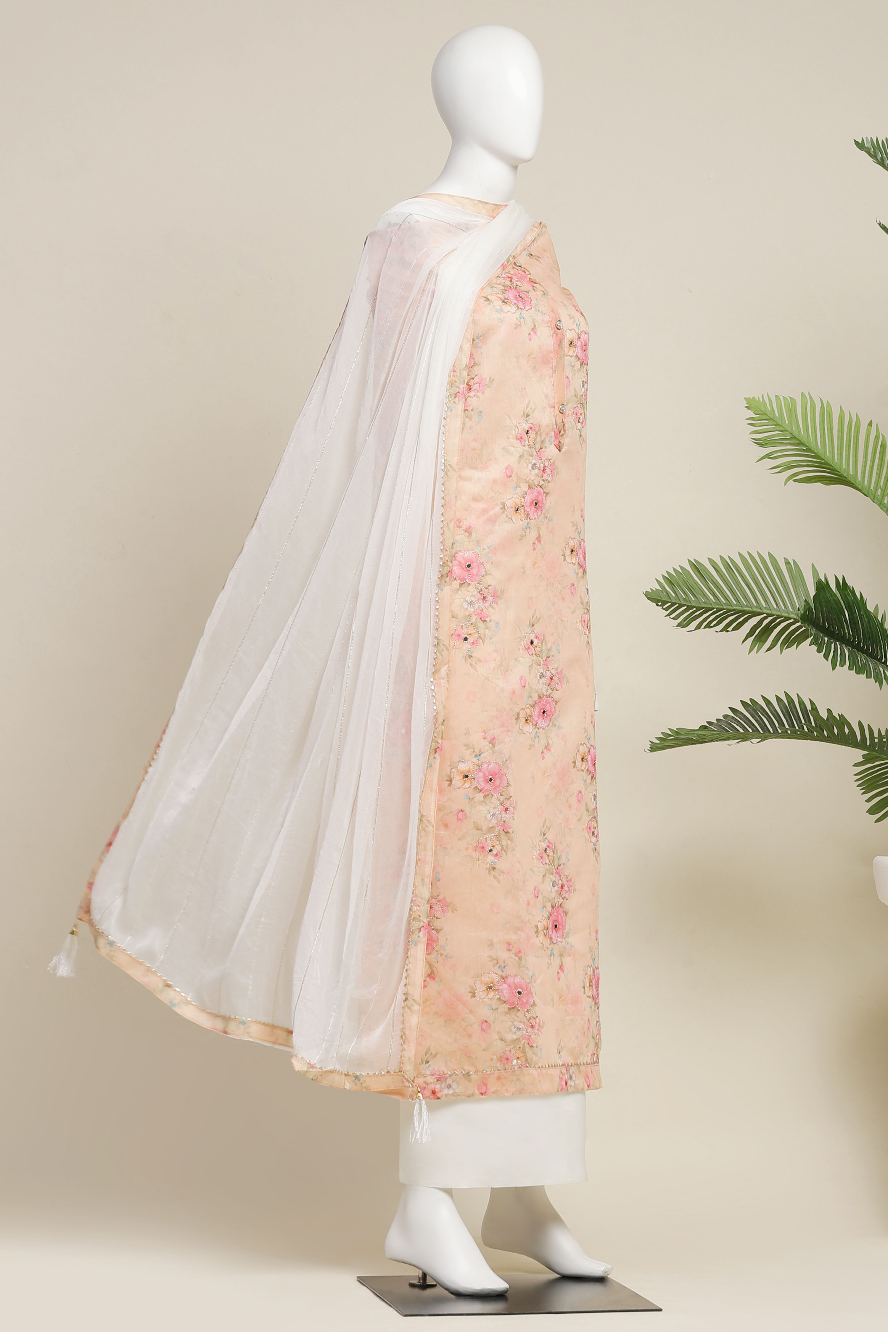Peach Chanderi  Printed Unstitched Suit Set image number 5
