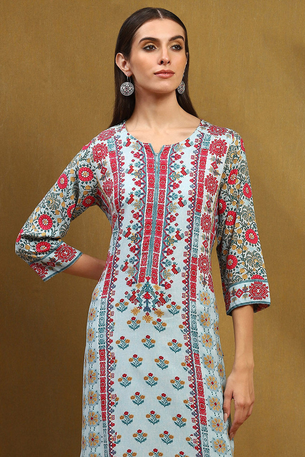 Turquoise Floral Printed Straight Suit Set image number 1