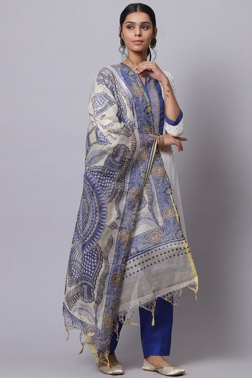 Blue Cotton Unstitched Dress Material Suit Set image number 4