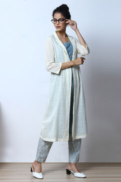 Cream Cotton Solid Jacket With Kurta image number 4