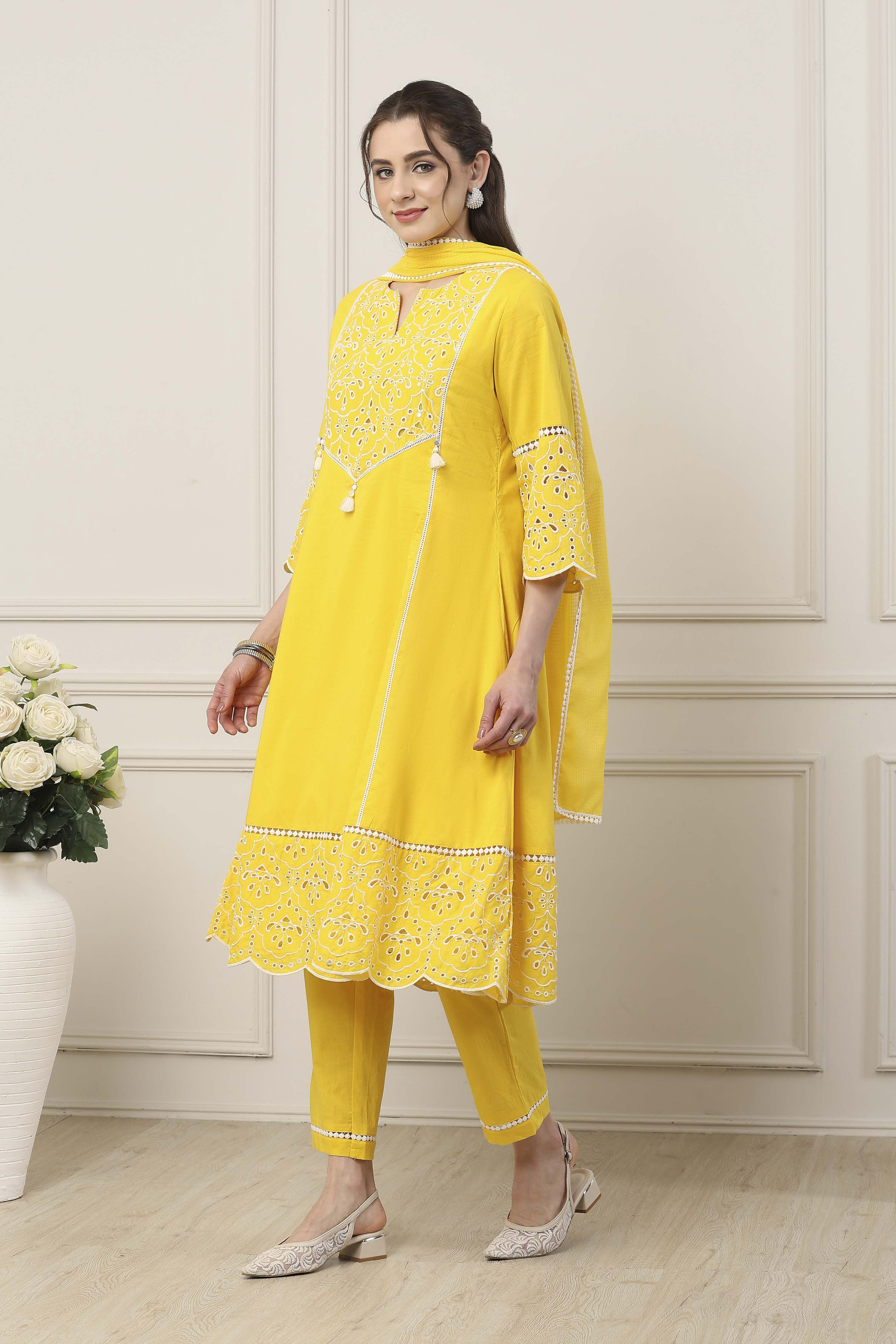 Yellow Cotton Schiffli Embroidered Kalidar Suit Set image number 4