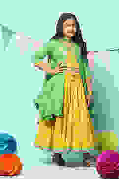 Green Cotton Printed Short Kurta Lehenga Set image number 7