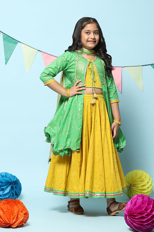 Green Cotton Printed Short Kurta Lehenga Set image number 7