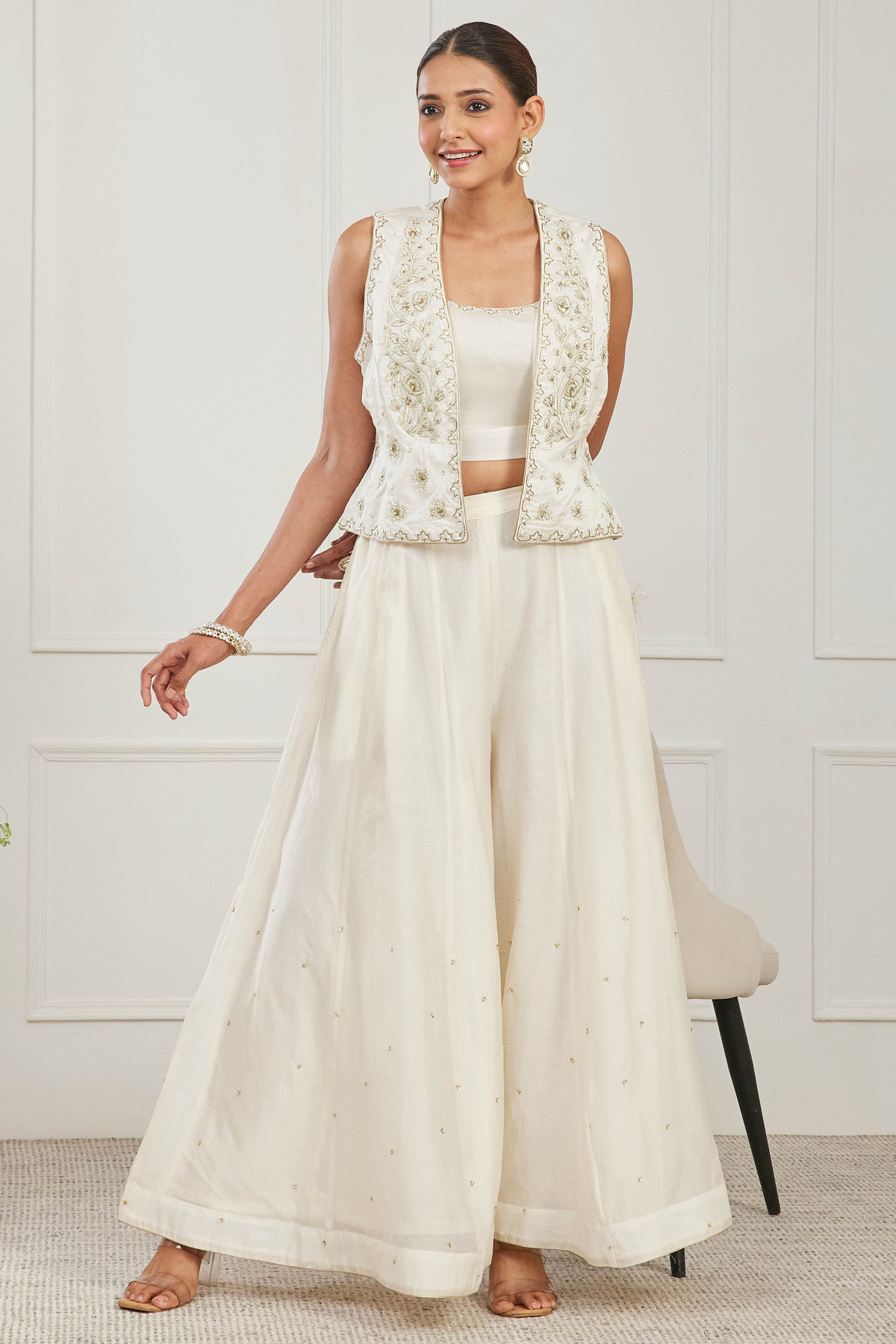 Off White Silk Chanderi Embroidered Co-Ord Set