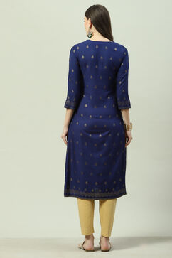 Royal Blue LIVA Straight Printed Kurta image number 4