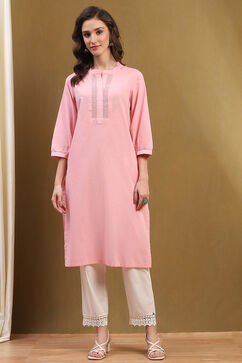 Blush Pink Cotton Solid Regular Fit Straight Kurta image number 5