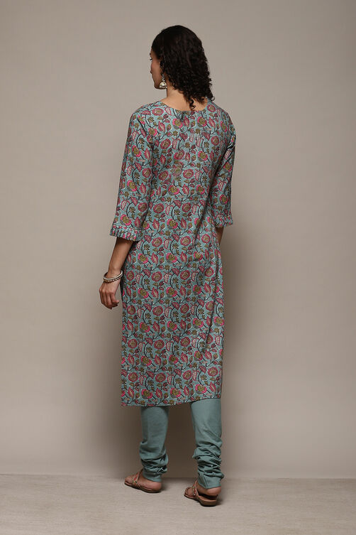 Sea Green Cotton Handloom Unstitched Suit Set image number 5