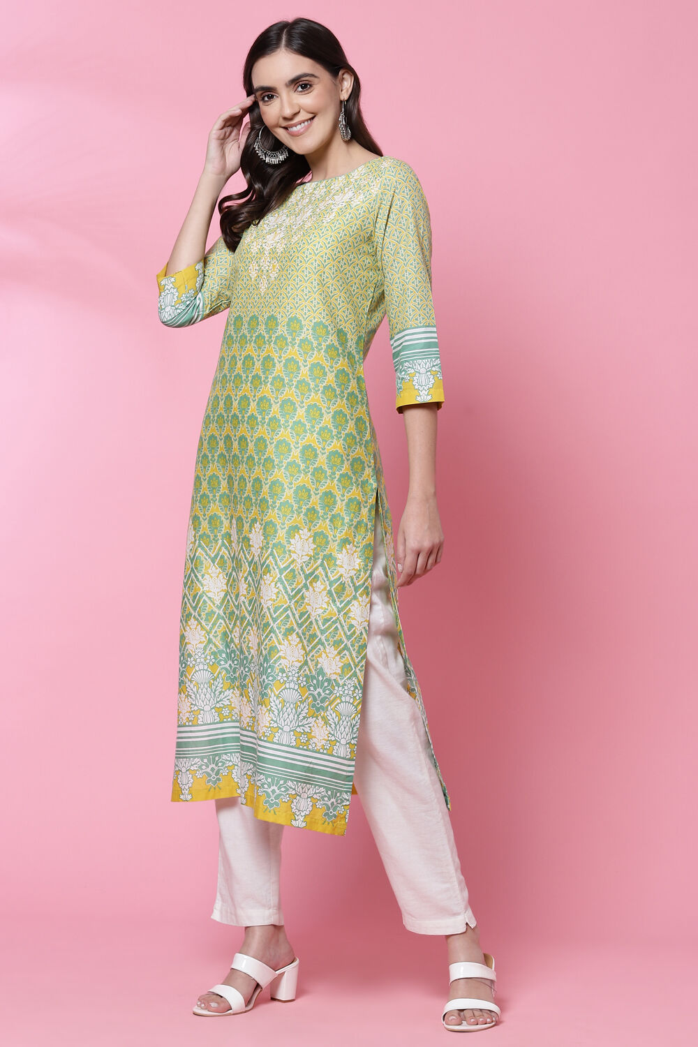 Lime Yellow Cotton Straight Kurta image number 2