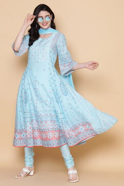 Turquoise Cotton Kalidar Kurta Churidar Suit Set image number 0