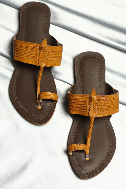 Mustard Yellow & Dark Brown Leather Kolhapuri Sandals image number 0