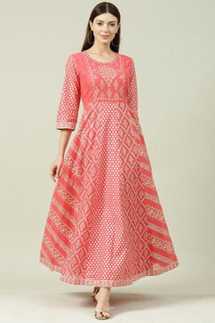 Pink Art Silk Flared Fusion Dress image number 0