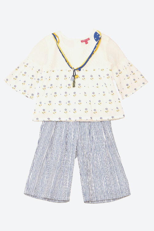 Off White Printed Short Top & Culllots Set image number 0