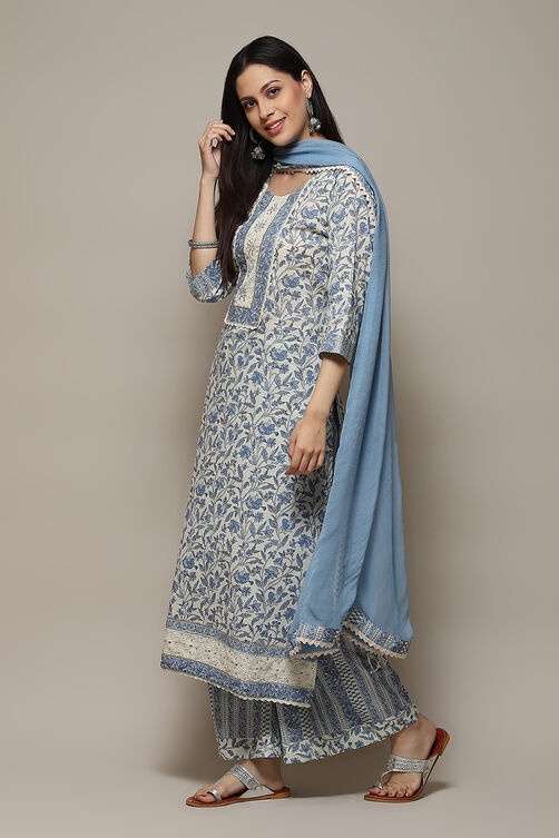 Blue Cotton Printed Unstitched Suit Set image number 6