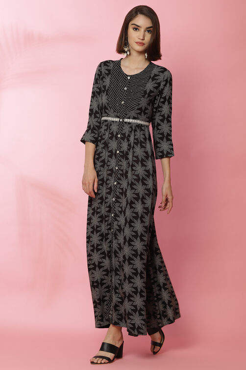 Black Viscose Slit Printed Dress image number 2