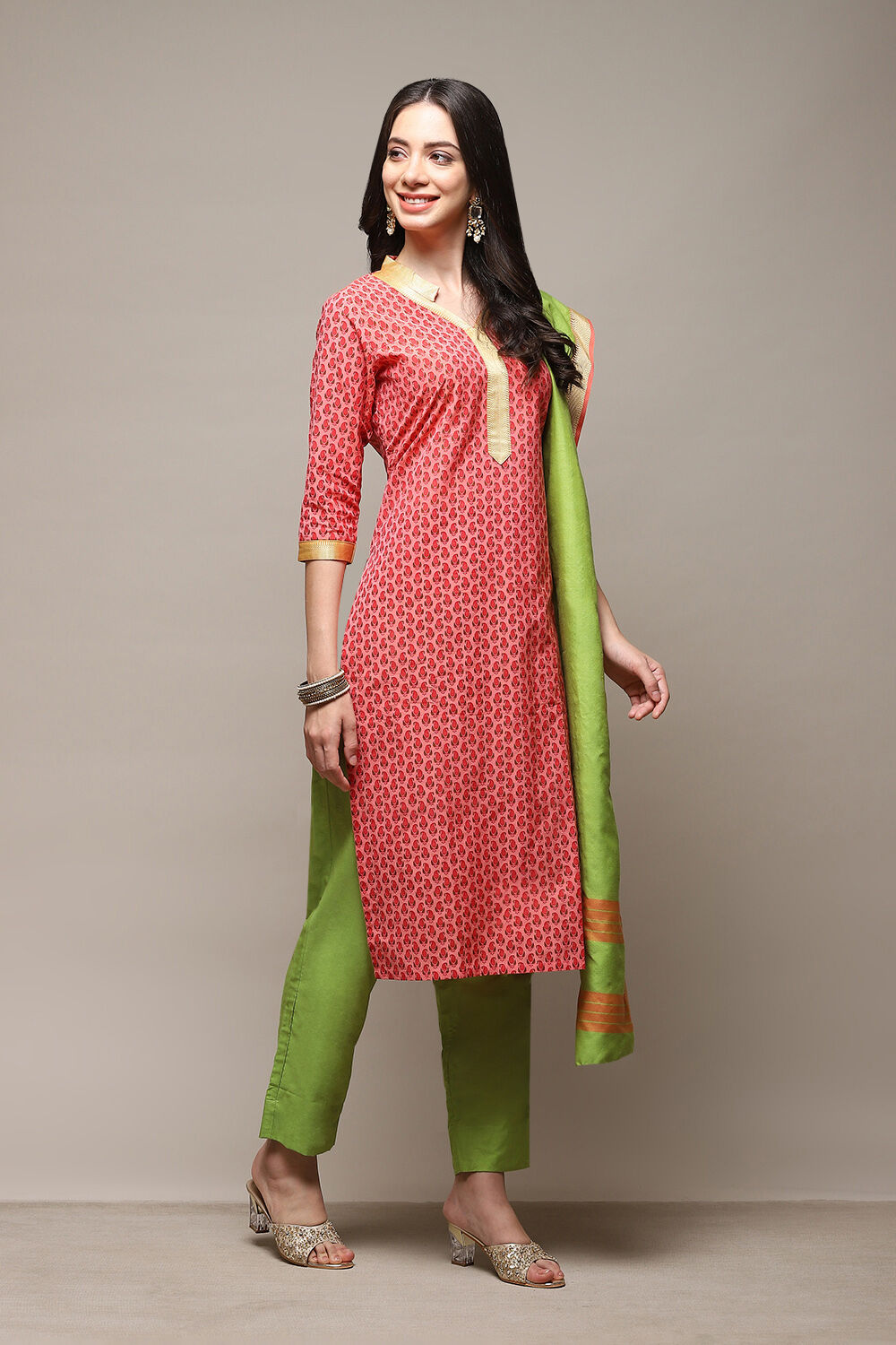 Pink Cotton Handloom Unstitched Suit Set image number 7