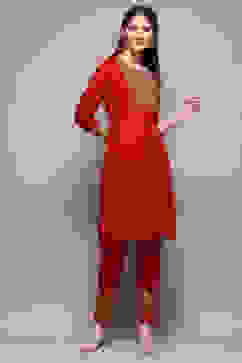Red Rayon Straight Kurta Pant 2 Piece Set image number 0