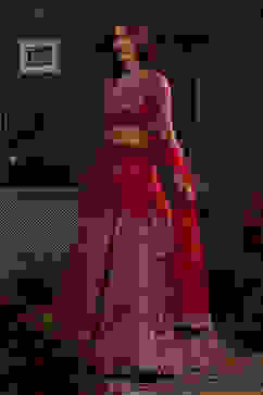 Berry Red Zari Embroidered Lehenga Set image number 3