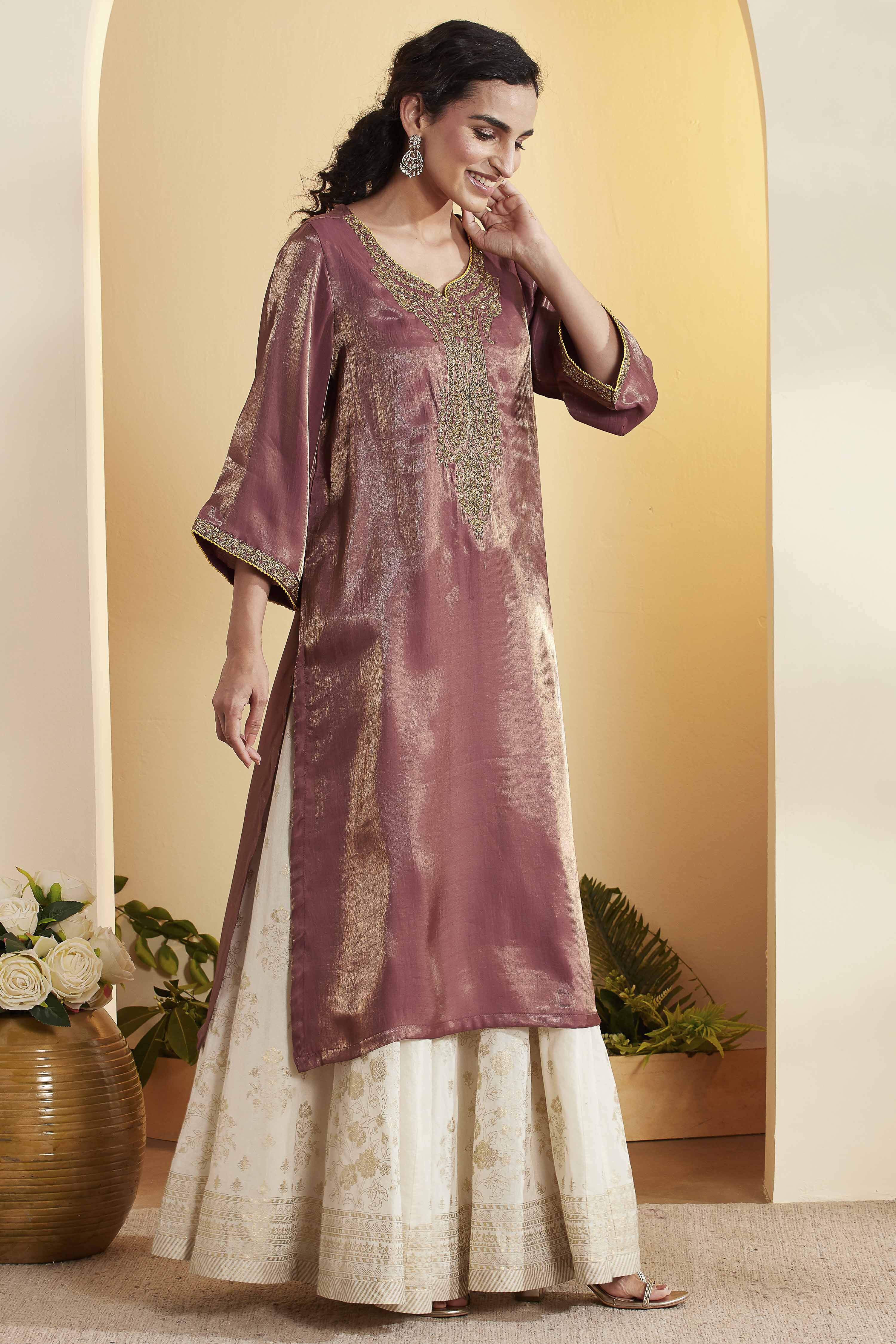 Old Rose Viscose Poly Yoke Design Straight Kurta image number 3
