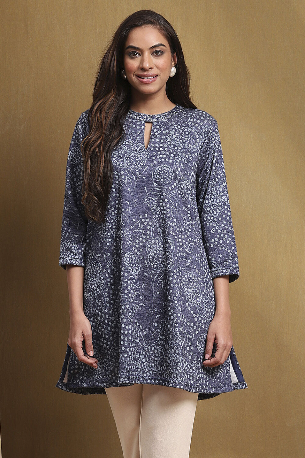 Ink Blue Knitted Block-Print Winter wear Short Kurta image number 0