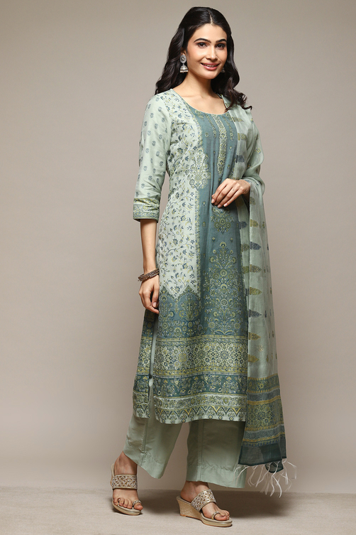 Green Cotton Blend Straight Yarndyed Kurta Suit Set image number 6