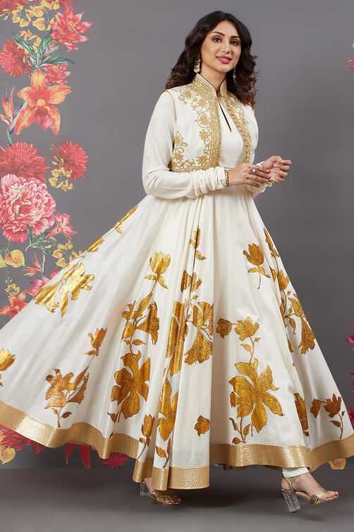 Rohit Bal Off White Cotton Silk Anarkali Printed Suit image number 3