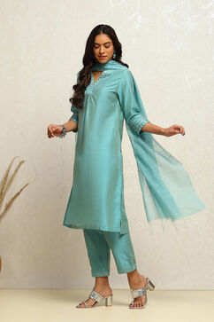 Powder Blue Solid Festive Straight Suit Set image number 3
