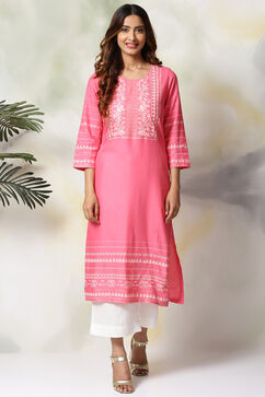 Pink Rayon Straight Kurta Pants Set image number 1