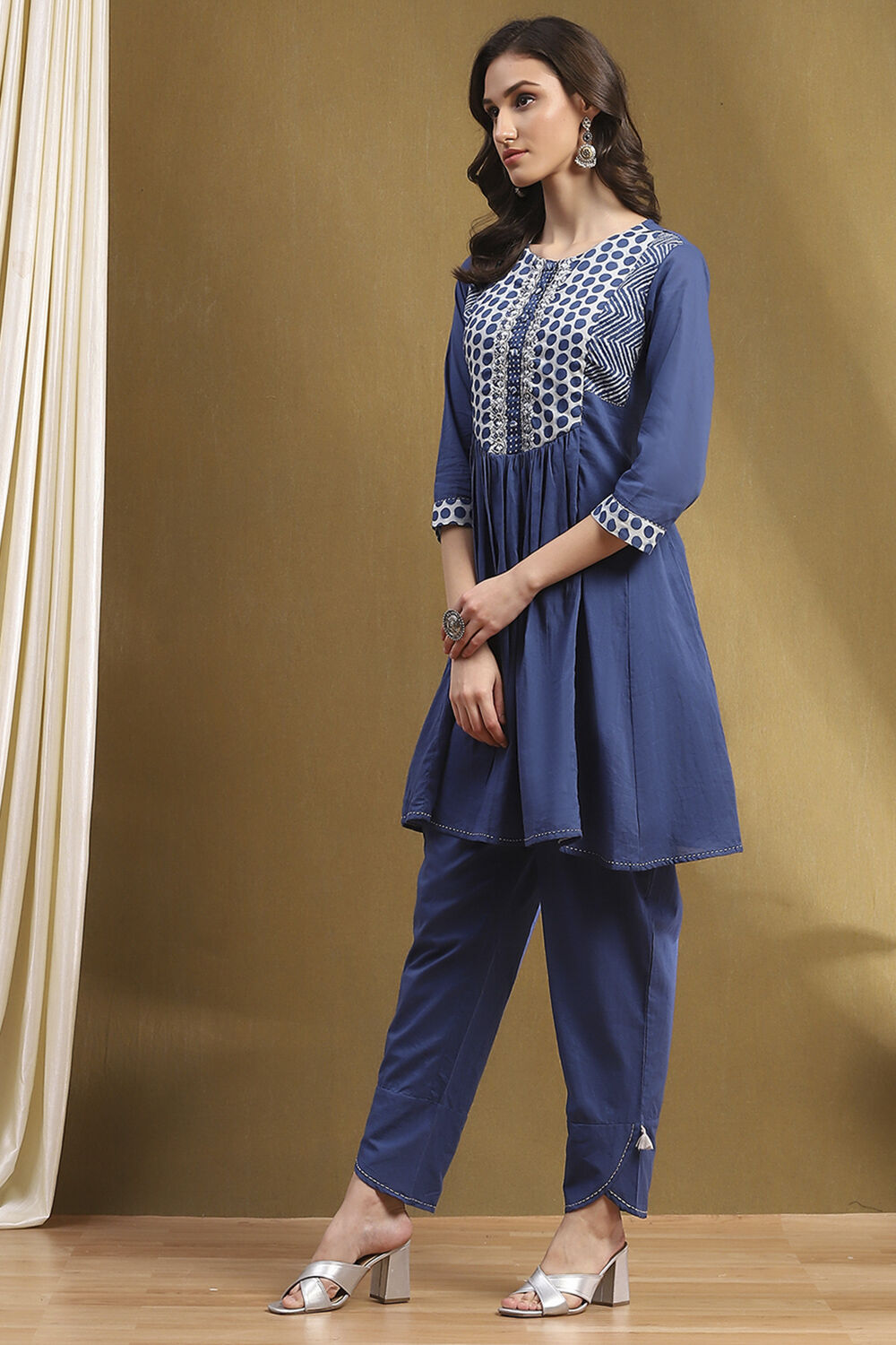 Indigo Cotton Printed Gathered Kurta Set image number 3