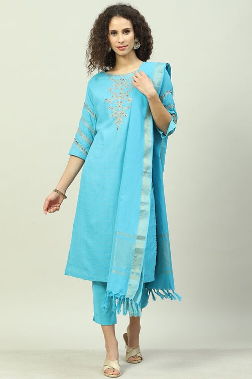 Turquoise Cotton Straight Kurta Slim Pants Suit Set image number 0