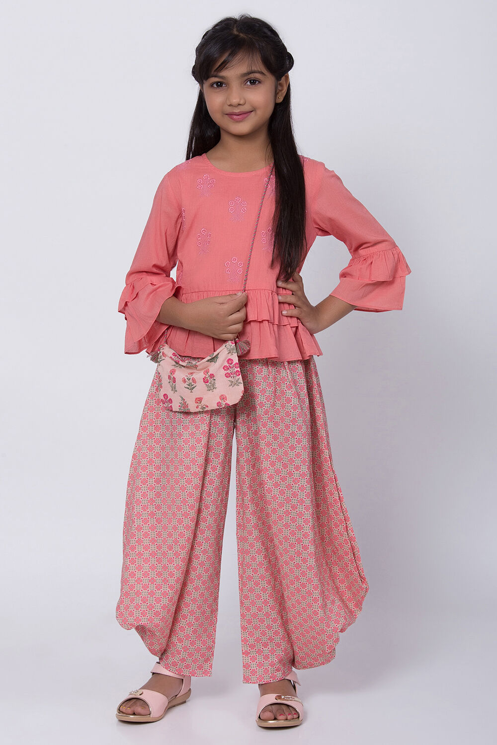 Peach Cotton Flared Kurta Dhoti Pant Suit Set